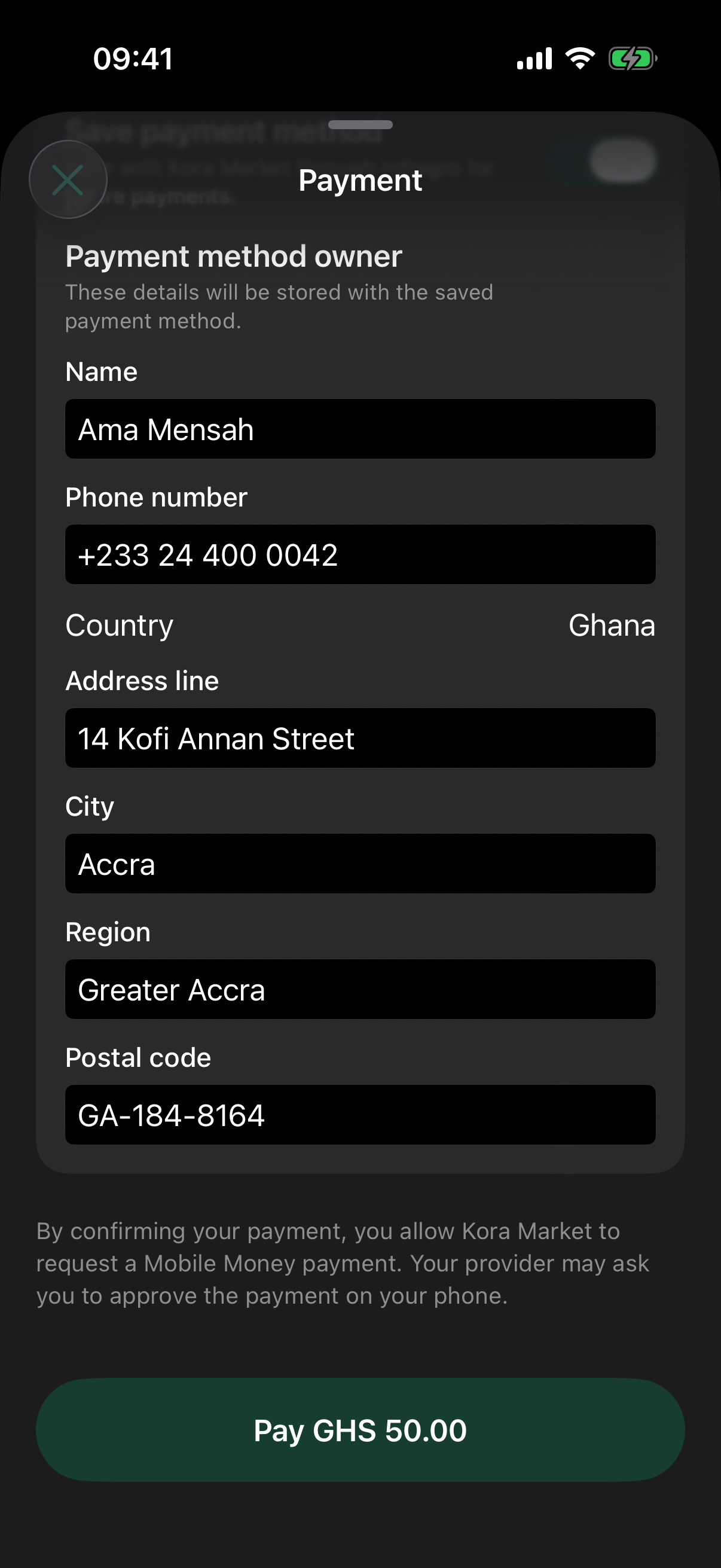 Full-height native Inttegro payment sheet in dark appearance with completed saved-method owner and contact details.